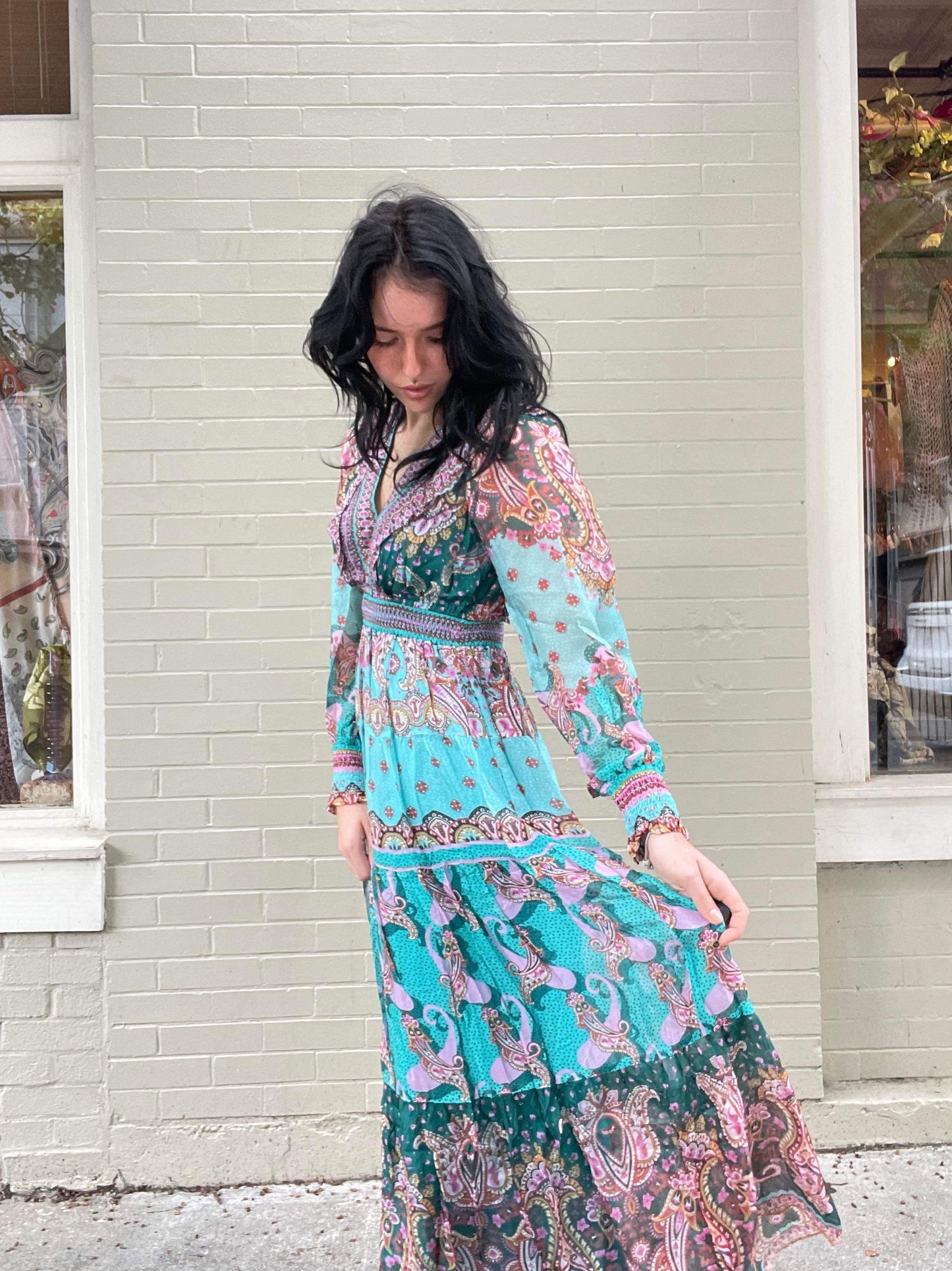 Long Sleeve Floral Maxi Dress - Teal