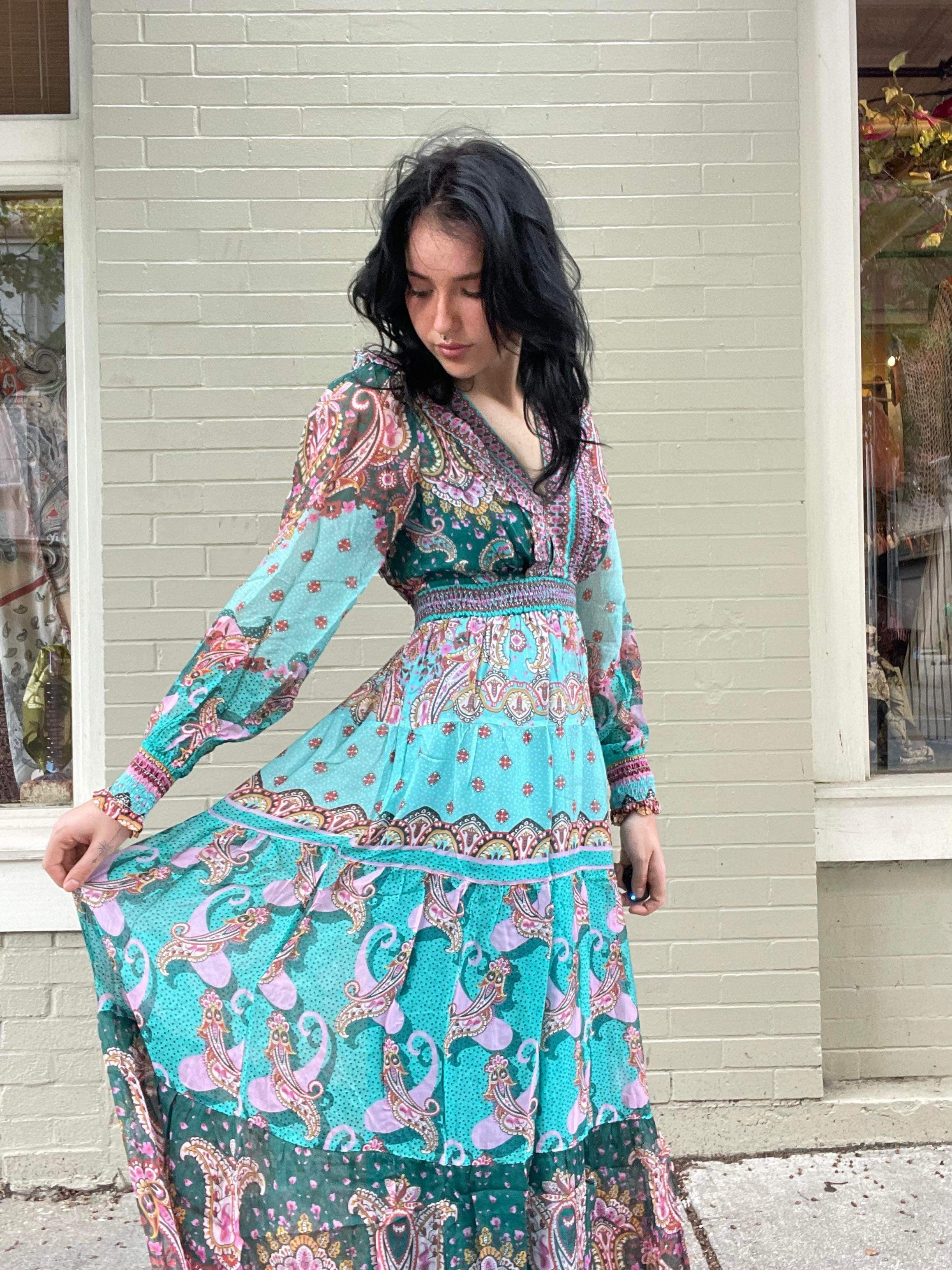 Long Sleeve Floral Maxi Dress Teal La De Da