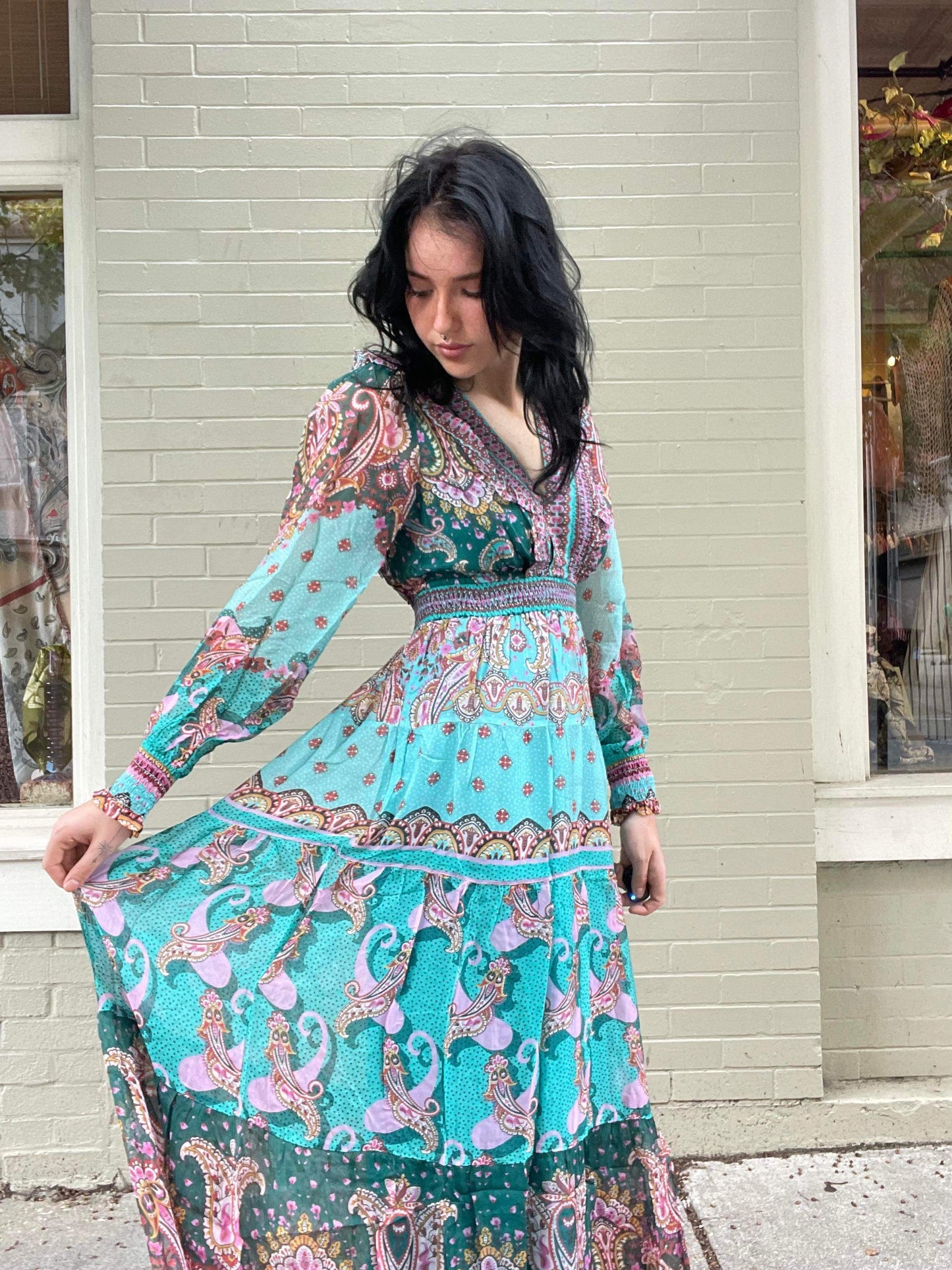 Long Sleeve Floral Maxi Dress - Teal