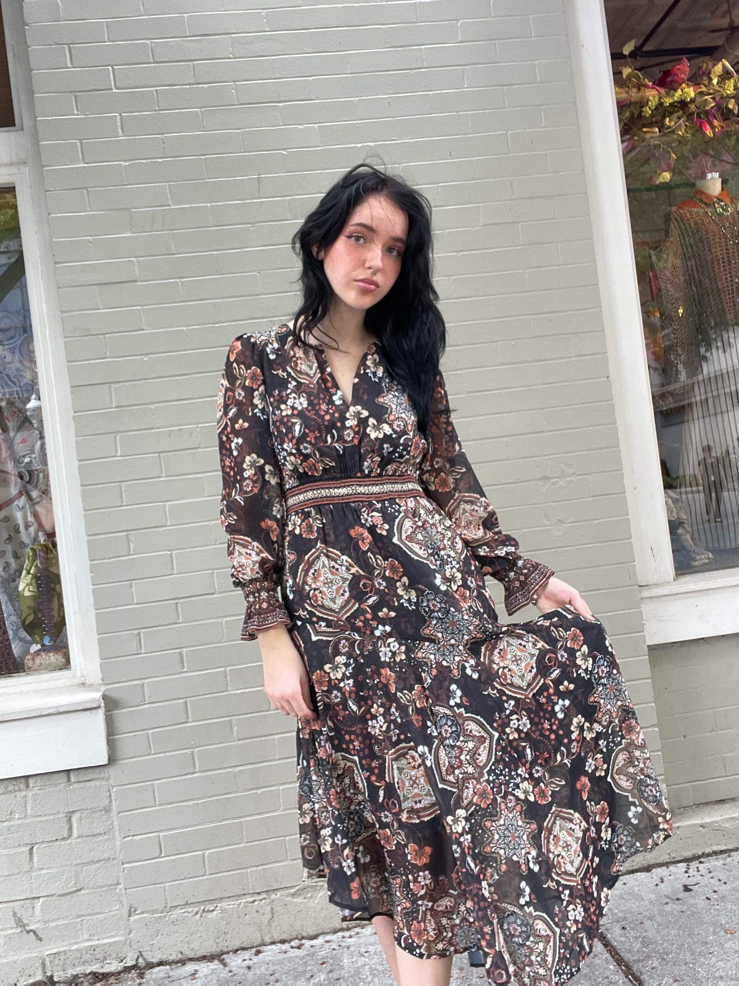 Long Sleeve Asymmetrical Maxi Dress - Black/Brown Floral