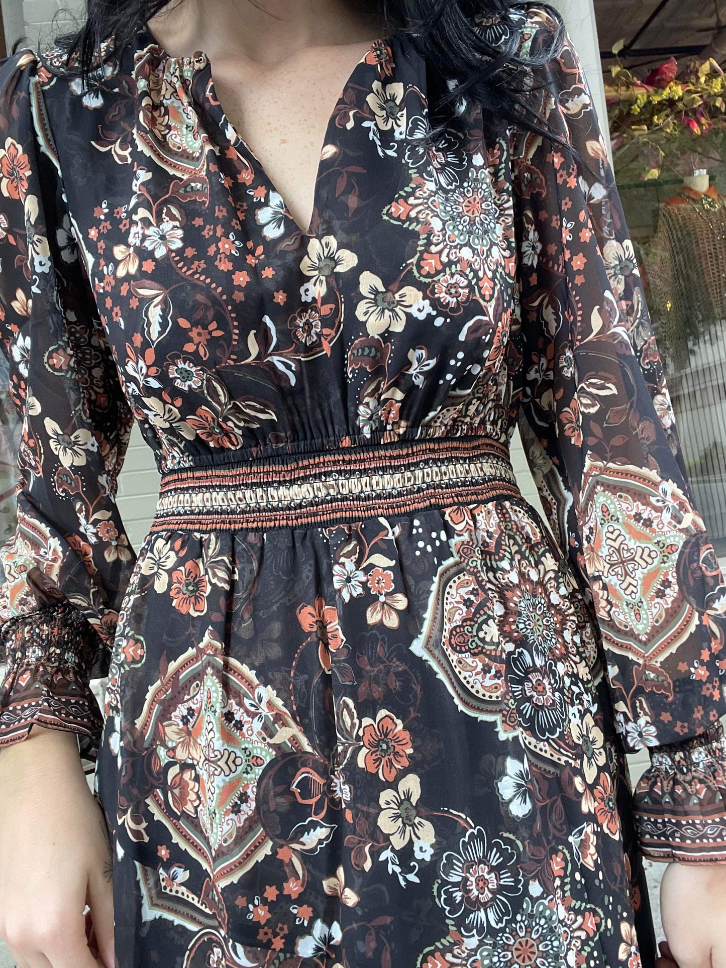 Long Sleeve Asymmetrical Maxi Dress - Black/Brown Floral