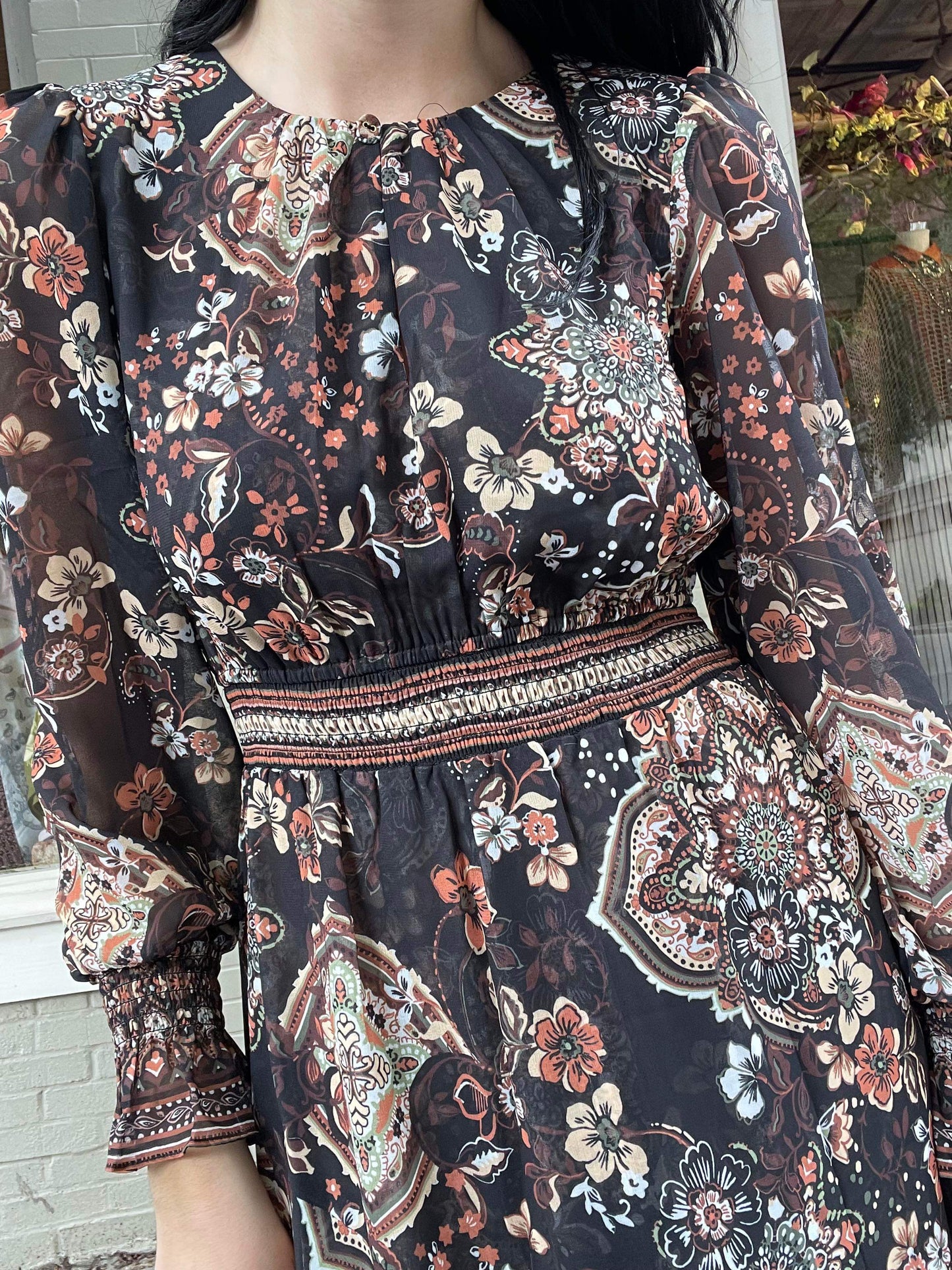 Long Sleeve Asymmetrical Maxi Dress - Black/Brown Floral