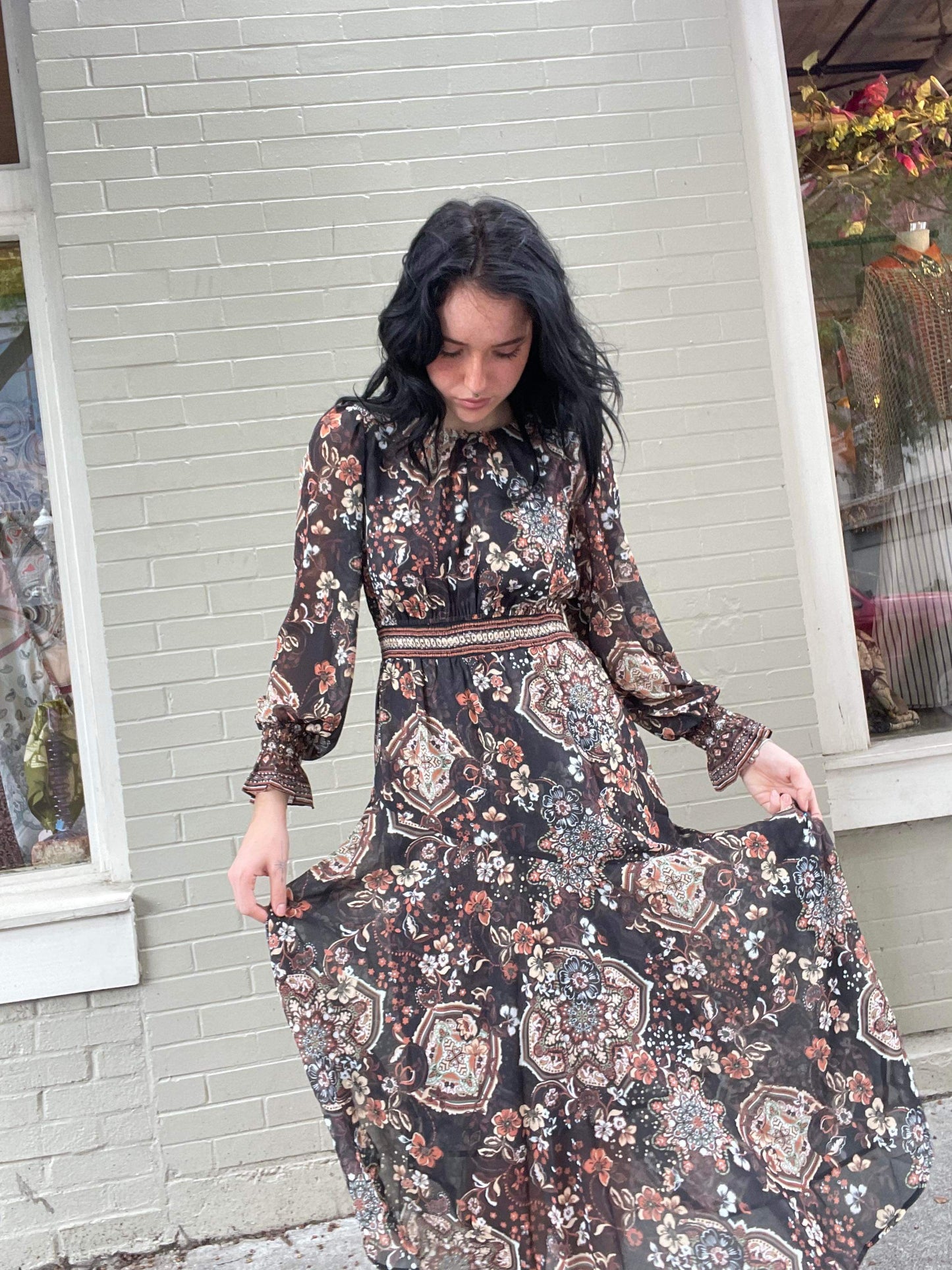 Long Sleeve Asymmetrical Maxi Dress - Black/Brown Floral