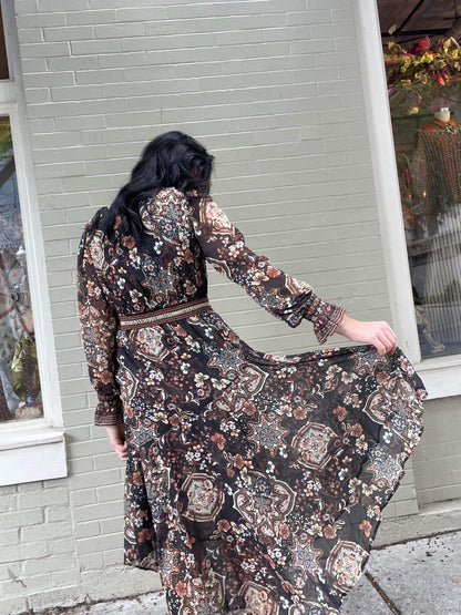 Long Sleeve Asymmetrical Maxi Dress - Black/Brown Floral