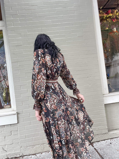 Long Sleeve Asymmetrical Maxi Dress - Black/Brown Floral