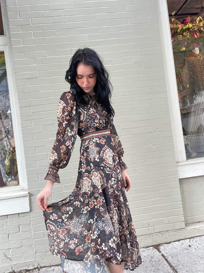 Long Sleeve Asymmetrical Maxi Dress - Black/Brown Floral