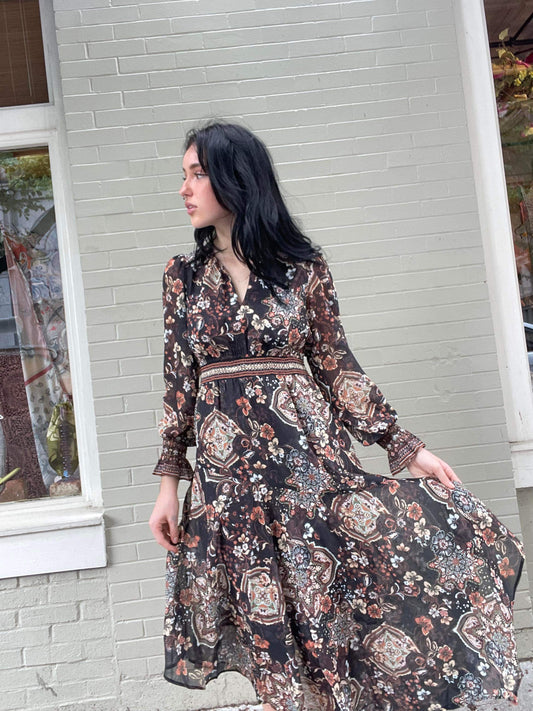 Long Sleeve Asymmetrical Maxi Dress - Black/Brown Floral