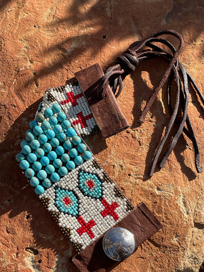 Turquoise and Leather Loom Cuff Bracelet, Prairie Drifter - La De Da