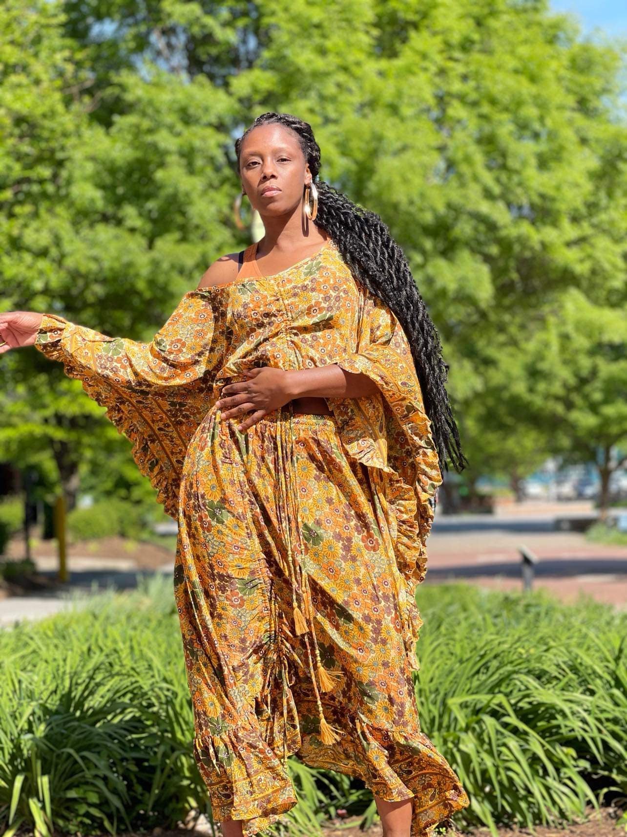 Hippie Boho Silk Cinch Skirt, Ruffle Floral Maxi Skirt - Gold Flower