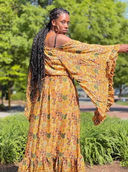 Hippie Boho Silk Cinch Skirt, Ruffle Floral Maxi Skirt - Gold Flower