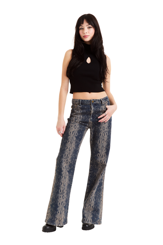 Denim Snake Print Wide Leg Pant - Black