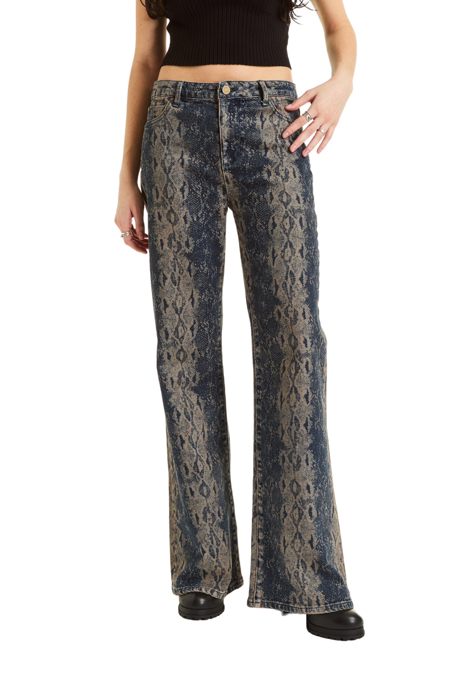 Denim Snake Print Wide Leg Pant - Black