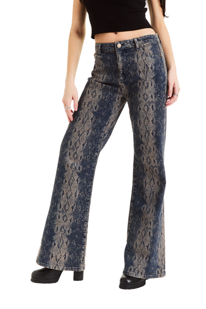 Denim Snake Print Wide Leg Pant - Black
