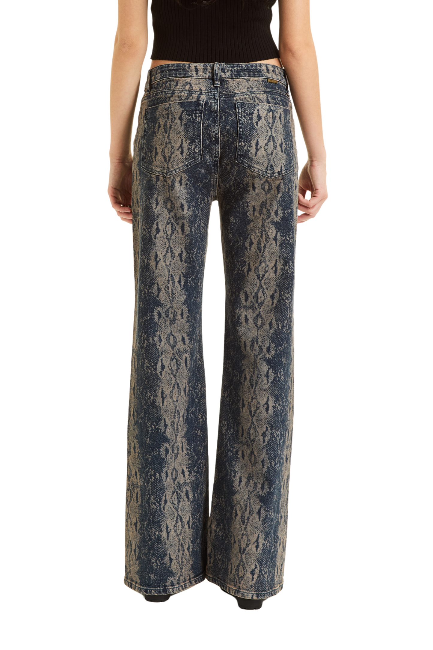 Denim Snake Print Wide Leg Pant - Black