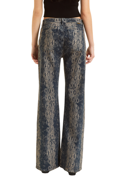 Denim Snake Print Wide Leg Pant - Black
