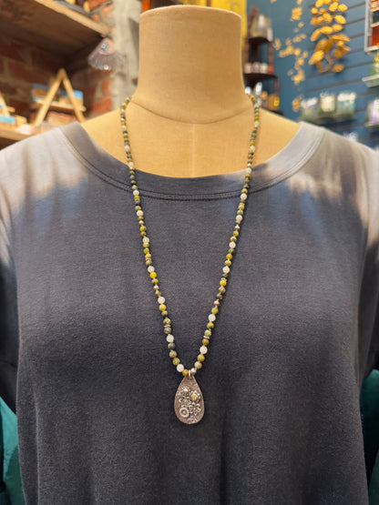 Jasper w/ Silver Floral Pendant Necklace* #LLD8