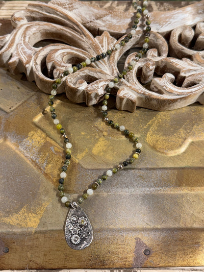 Jasper w/ Silver Floral Pendant Necklace* #LLD8