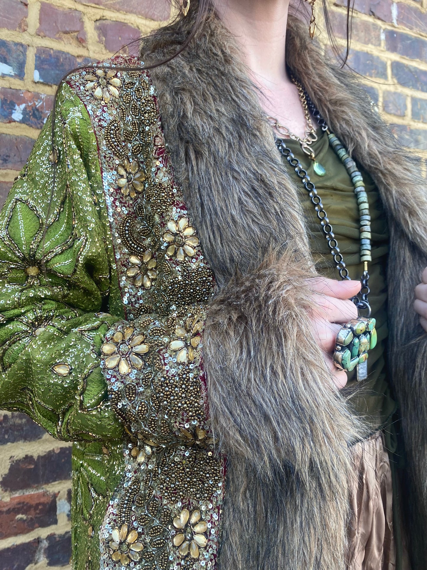 Handmade Vintage Embroidered Fur Jacket Coat - Green