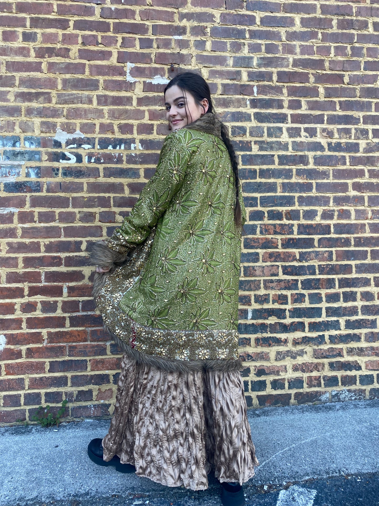 Handmade Vintage Embroidered Fur Jacket Coat - Green