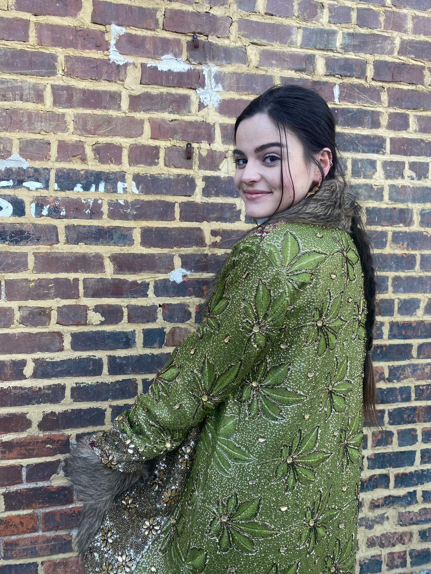 Handmade Vintage Embroidered Fur Jacket Coat - Green