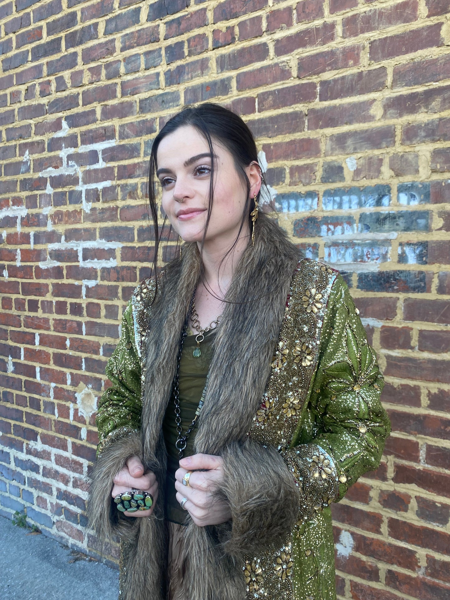 Handmade Vintage Embroidered Fur Jacket Coat - Green