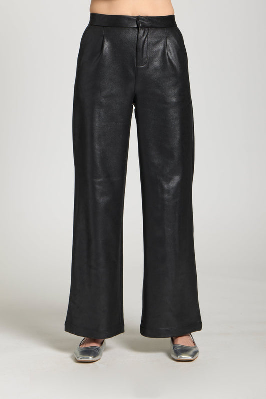 Vegan Leather Pleated Trousers - Black