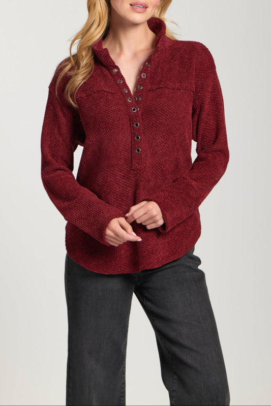 Chenille Henley With Grommet Placket - Wine