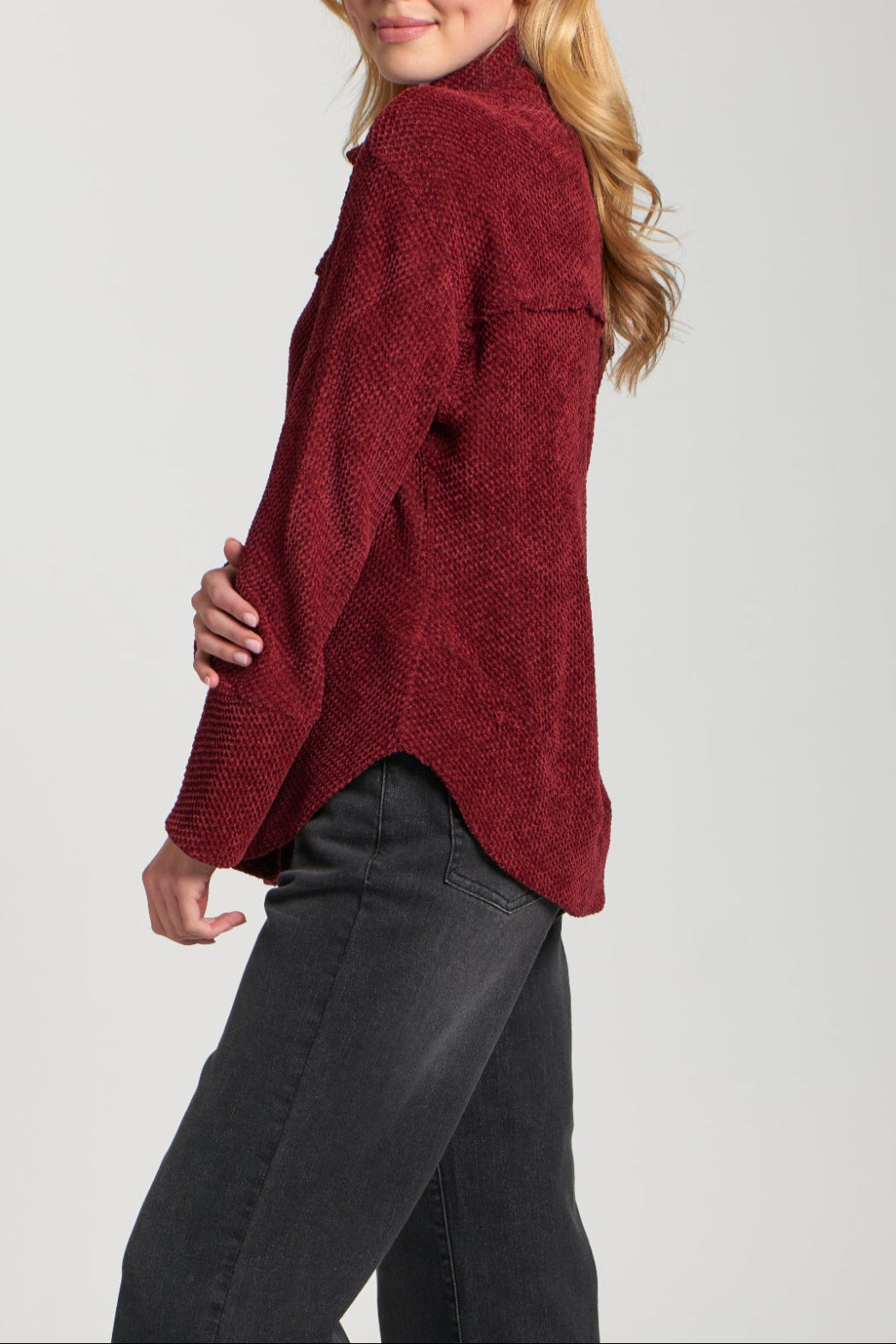 Chenille Henley With Grommet Placket - Wine