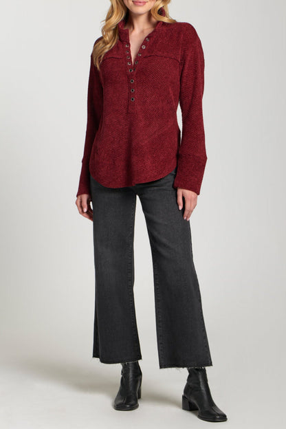 Chenille Henley With Grommet Placket - Wine