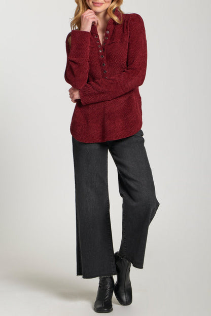 Chenille Henley With Grommet Placket - Wine