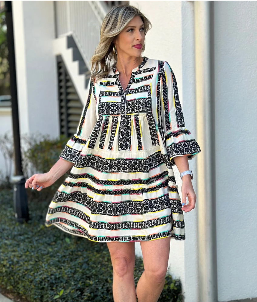 Tiered Tunic Dress With Flounce Sleeve- White