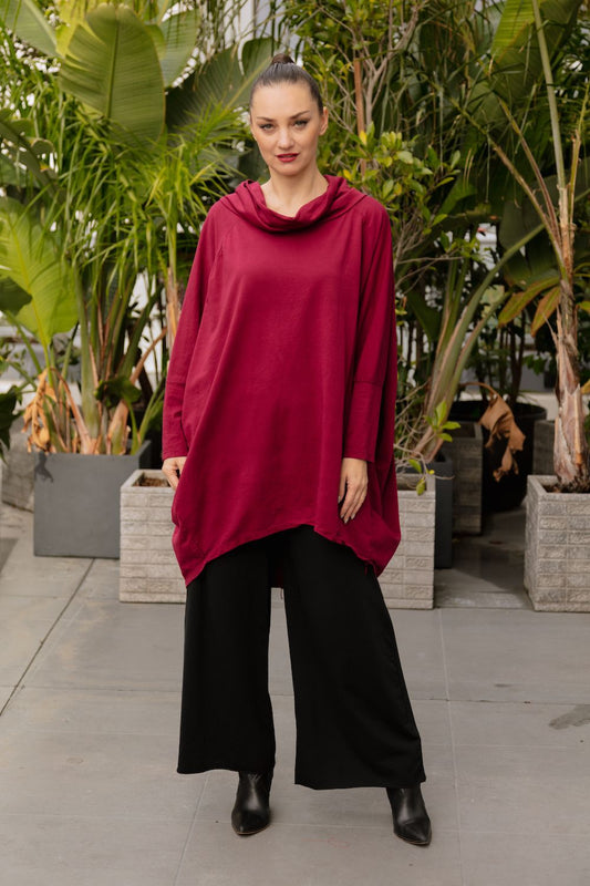 Cowl Neck Oversized Tunic Top-Wine