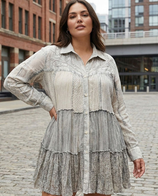 Mineral Wash Tiered Button Down Blouse