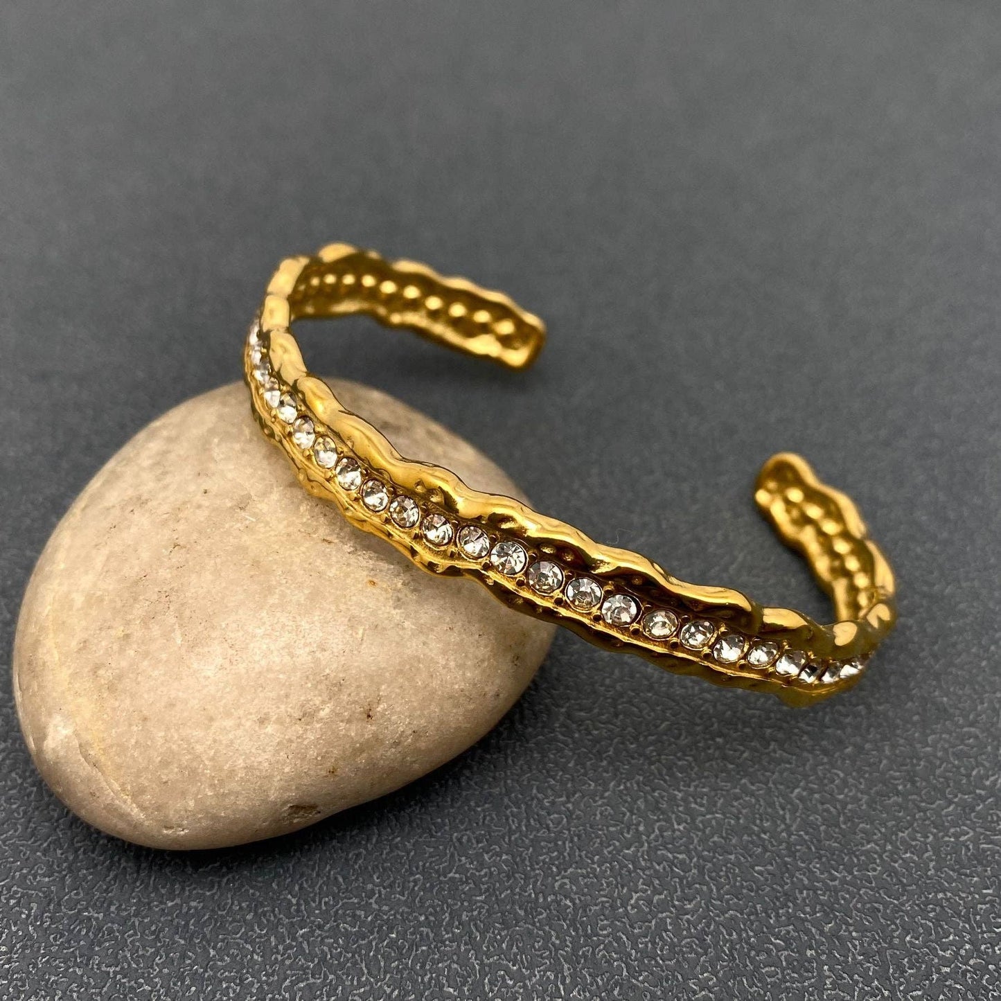 Inlaid CZ 18K Gold Plated Stainless Steel Irregular Cuff-FGS