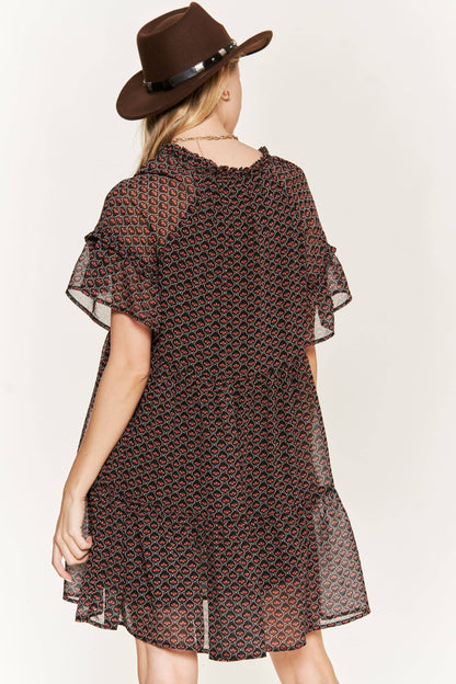 PLUS Floral Print V-Neck Mini Dress - Black