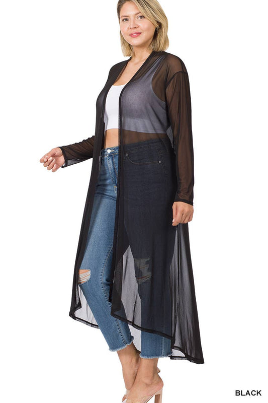 Curve Mesh Open Front Cardigan - Black