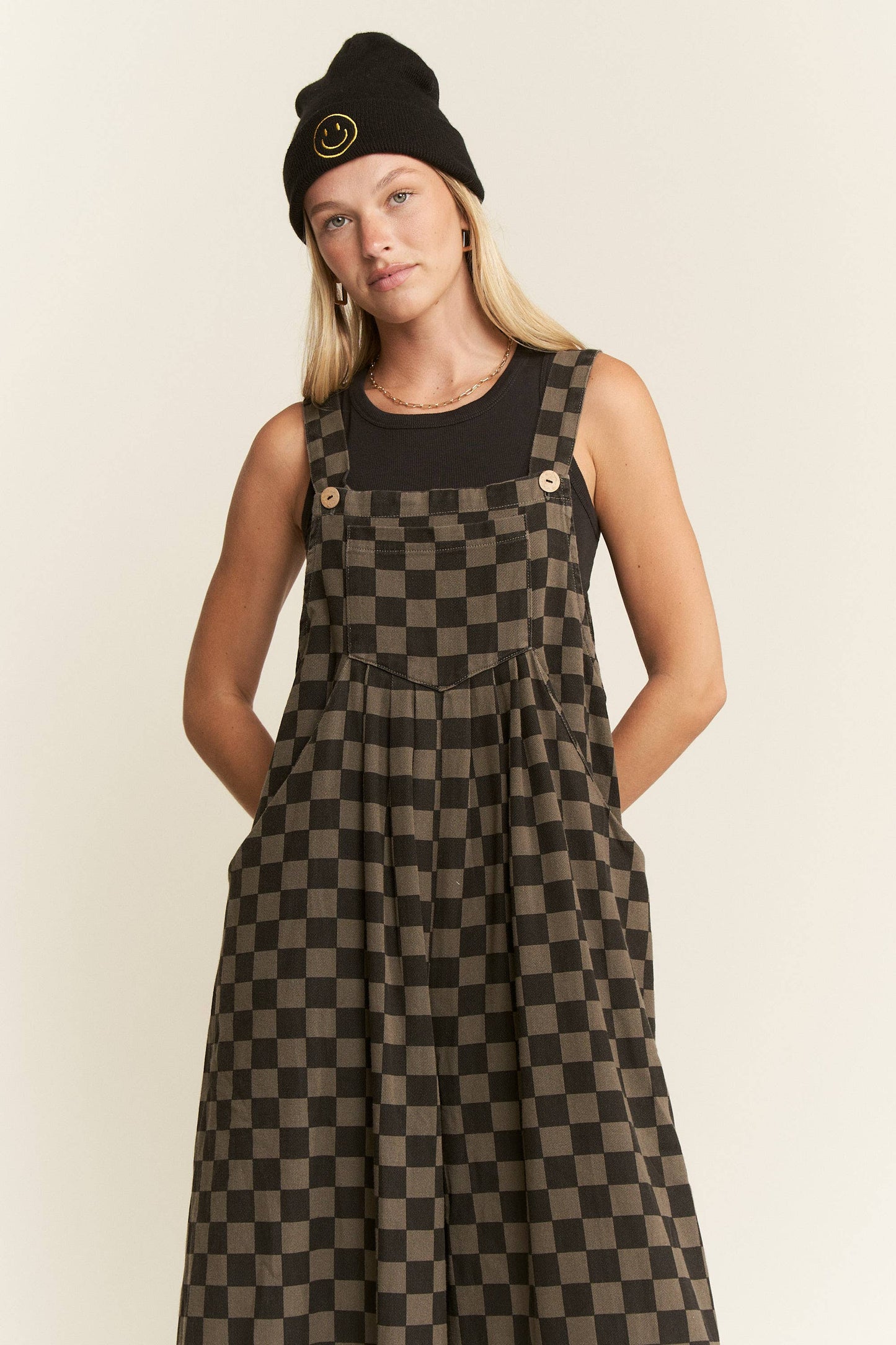 Curve Wide-Leg Overalls - Charcoal/Black Checker