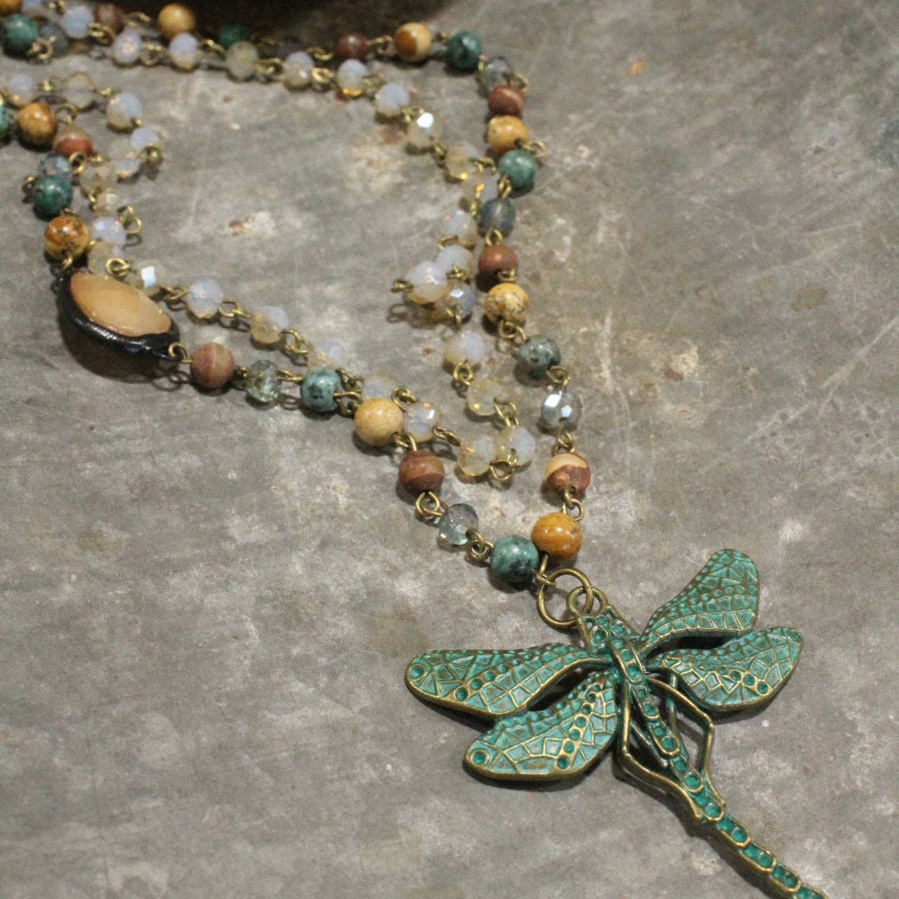 Bohemian Layered Mixed Stone Dragonfly Necklace