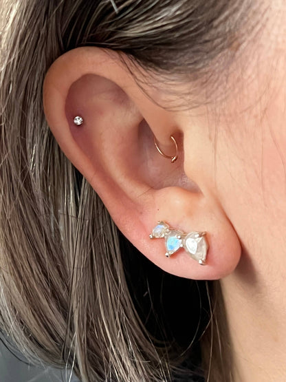 Stacked Tear Drop Ear Climber with Faceted Moonstone - Silver