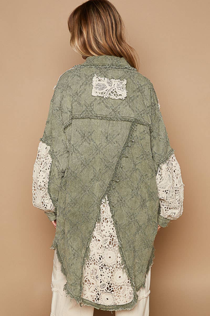 Vintage Washed Oversize Crochet Patch Shacket - Olive