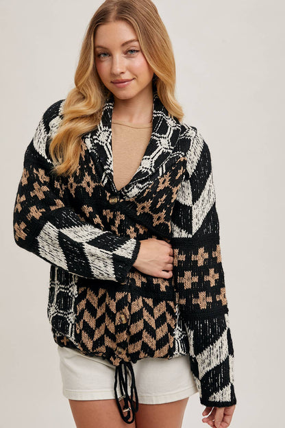 Button Down Knit Sweater Cardigan - Black/Brown