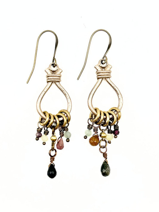 Wrapped Loop Bronze earrings with stone cluster, E252 - Multi Tourmaline