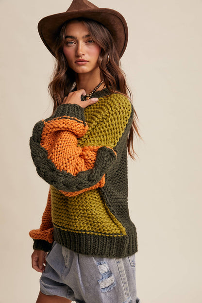 Hand-Knit Chunky Crochet Pullover - Olive Multi