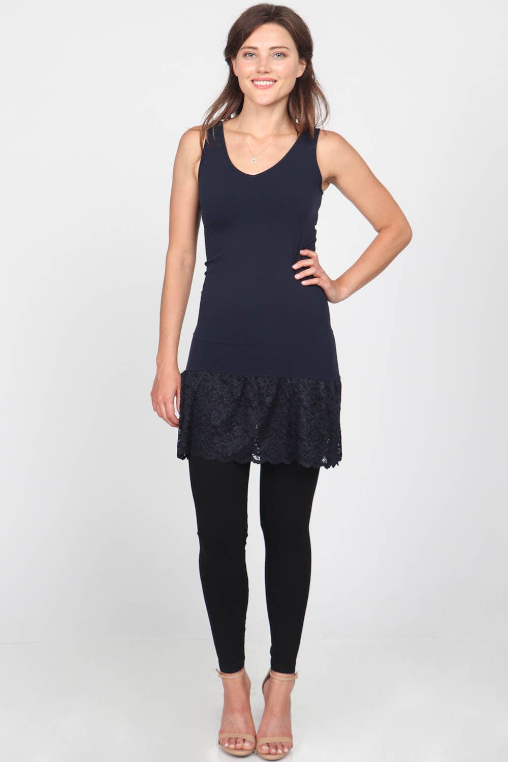 Reversible V-Scoop Tank Dress w/ Large Lace Hem - Black