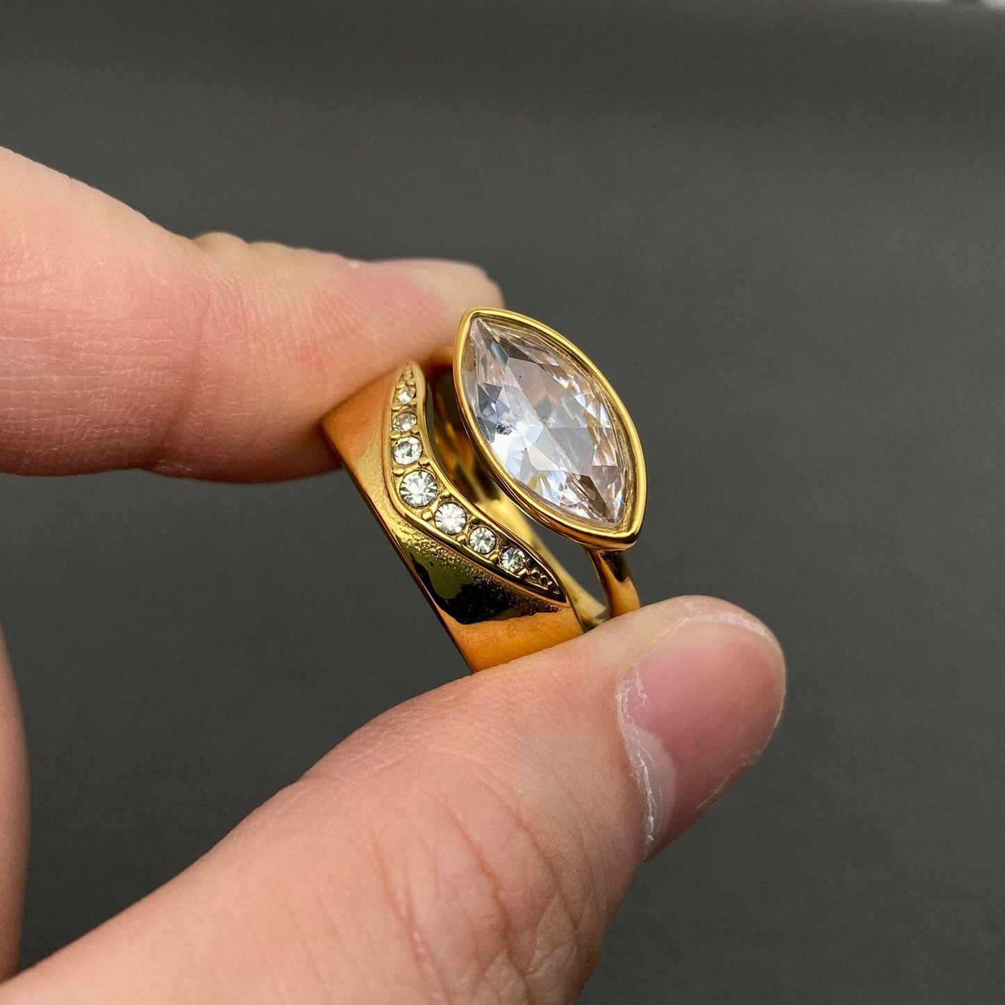Zircon Inlaid 18K Gold Plated S.Steel Stacked Ring - FGS - 8