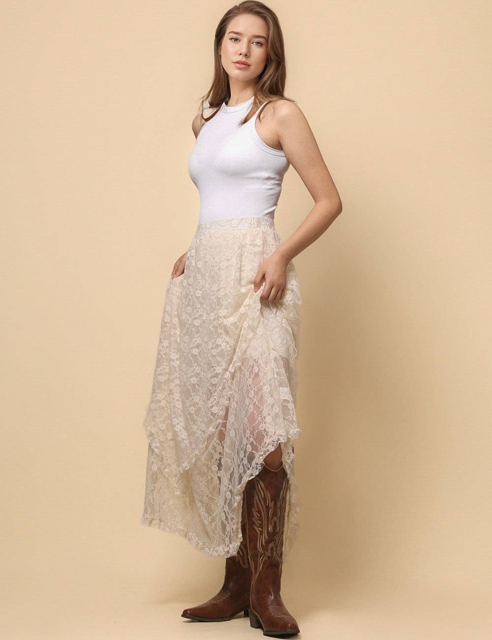 Ladies Floral Lace Layering Slip Midi Skirt- Beige