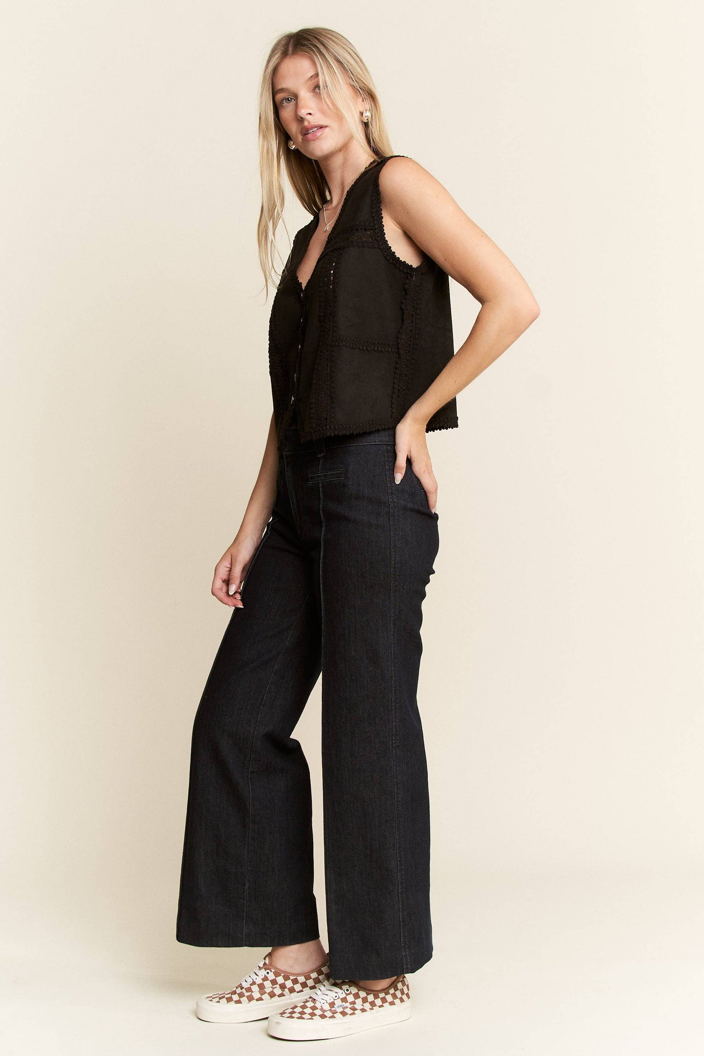 PLUS Suede Vest With Lace Trim - Black