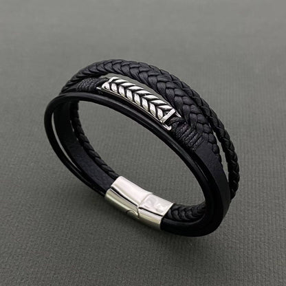 Men's S.Steel Charm Multi-layer Leather Braided Bracelet