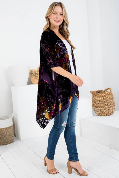 Vintage Flowery Print Velvet Kimono