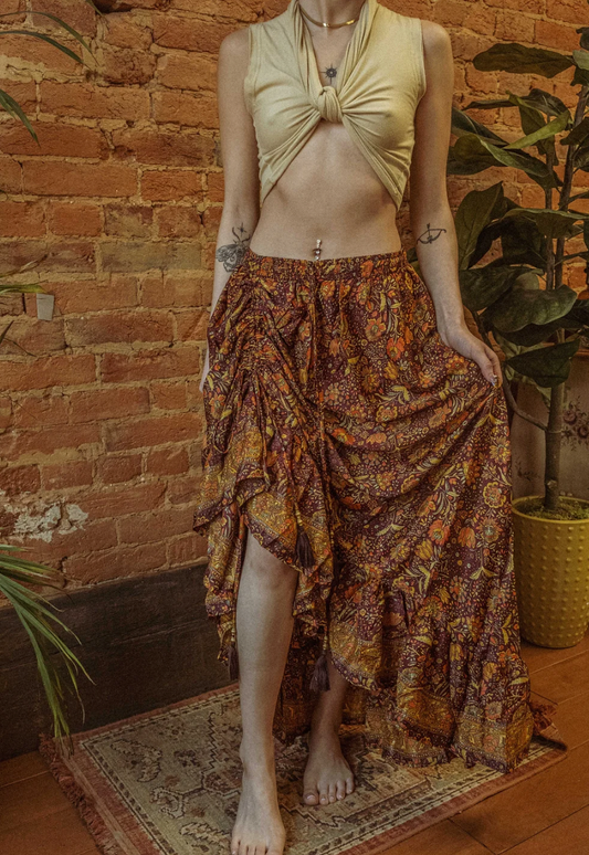 Hippie Boho Silk Cinch Skirt, Ruffle Floral Maxi Skirt - Brown/Burgundy Flower / Jewel Field